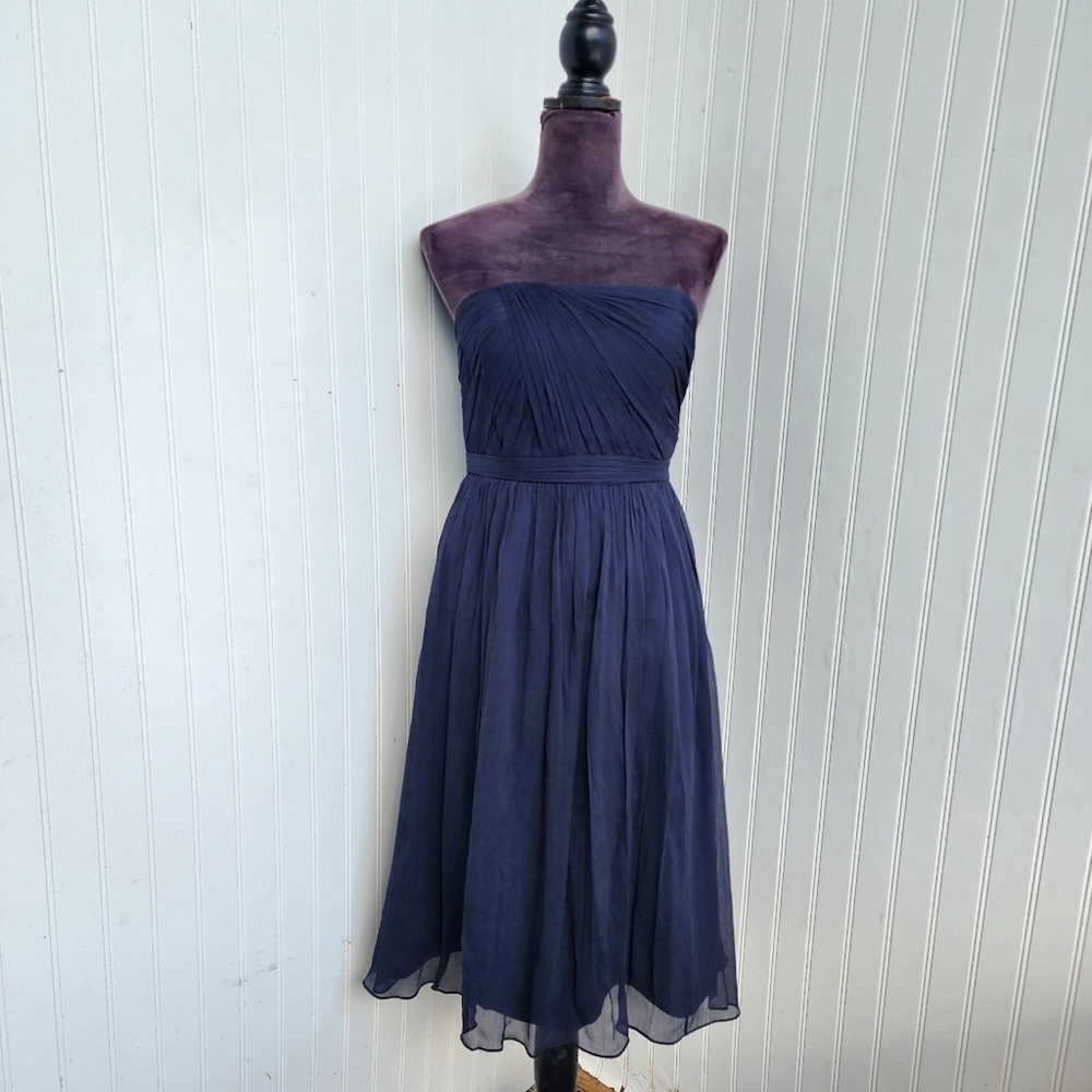 J CREW Women's Navy Blue Empire Waist Strapless 100% Silk Chiffon Dress Sz 4